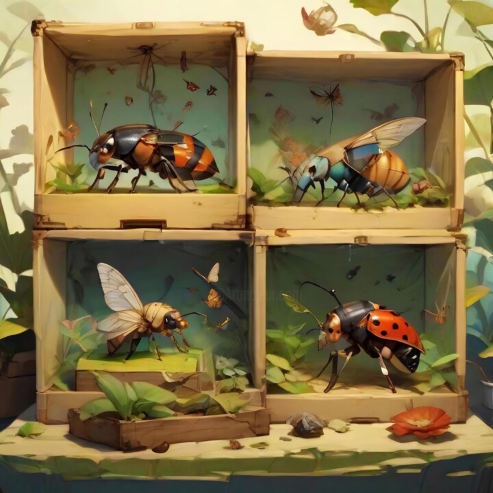 Arts numériques intitulée "Bugs in a Box" par Ken Overman, Œuvre d'art originale, Image générée par l'IA