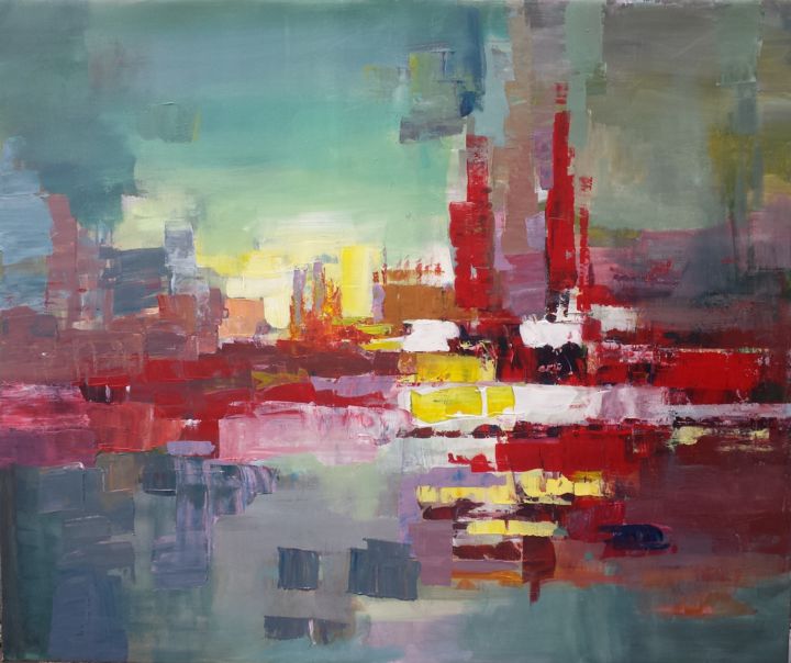 Pintura titulada "La ville rouge" por David Kabulashvili, Obra de arte original, Acrílico Montado en Bastidor de camilla de…