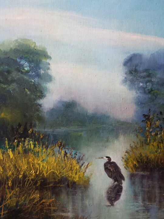 Malerei mit dem Titel "Gray heron in the r…" von David Kabulashvili, Original-Kunstwerk, Öl