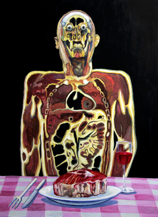 Schilderij getiteld "Enjoy your meal" door Kacper Piskorowski, Origineel Kunstwerk, Olie Gemonteerd op Frame voor houten bra…