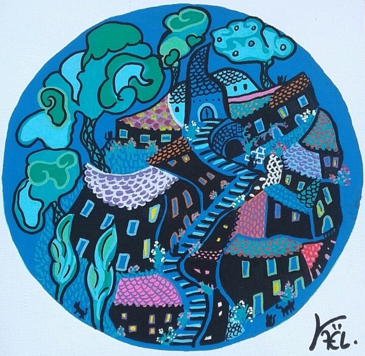 Painting titled "Le village des chats" by Kaël, Original Artwork