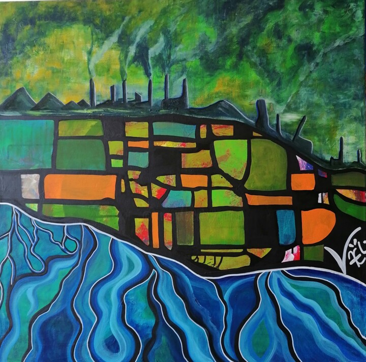 Malerei mit dem Titel "Mutagenic Town" von Kaël, Original-Kunstwerk, Acryl Auf Keilrahmen aus Holz montiert