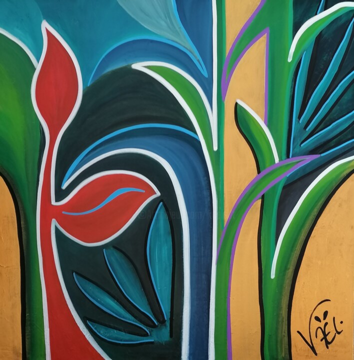 Painting titled "Tropical Richness" by Kaël, Original Artwork, Acrylic Mounted on Wood Stretcher frame