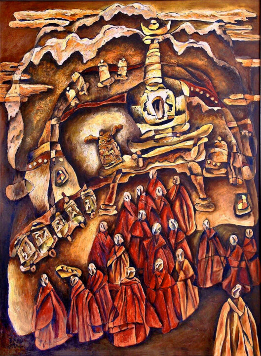 Картина под названием "西藏系列-早课" - 凯 邓, Подлинное произведение искусства, Масло