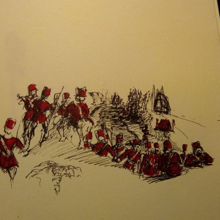Drawing titled "Soldiers resting" by Stephanos Kaiaphas, Original Artwork, Ballpoint pen