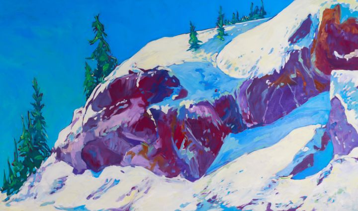 Painting titled "Raven's Ridge, (Yel…" by Kaija Savinainen-Mountain, Original Artwork, Oil Mounted on Wood Stretcher frame