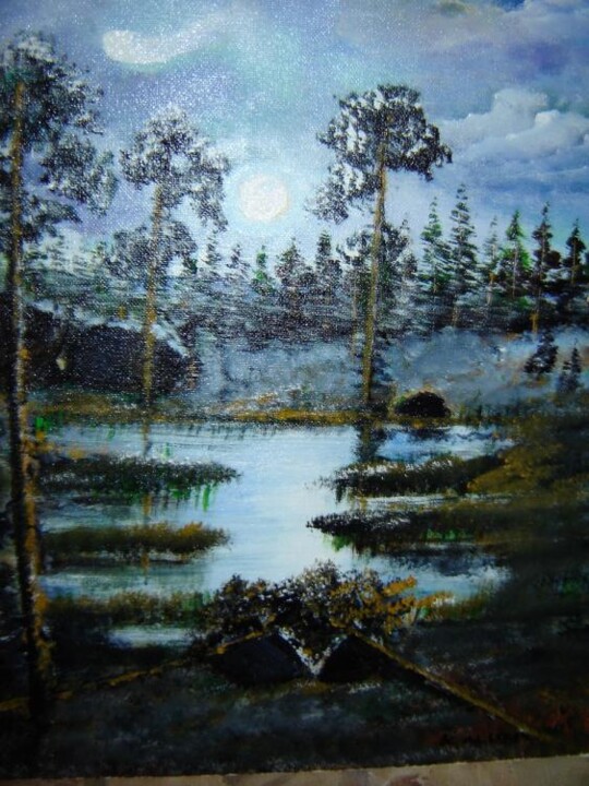 Painting titled "Forest Pond In Moon…" by Kaj Af Alstes, Original Artwork
