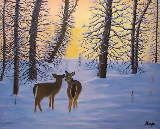 Painting titled "White tail deers" by Kaji, Original Artwork, Oil