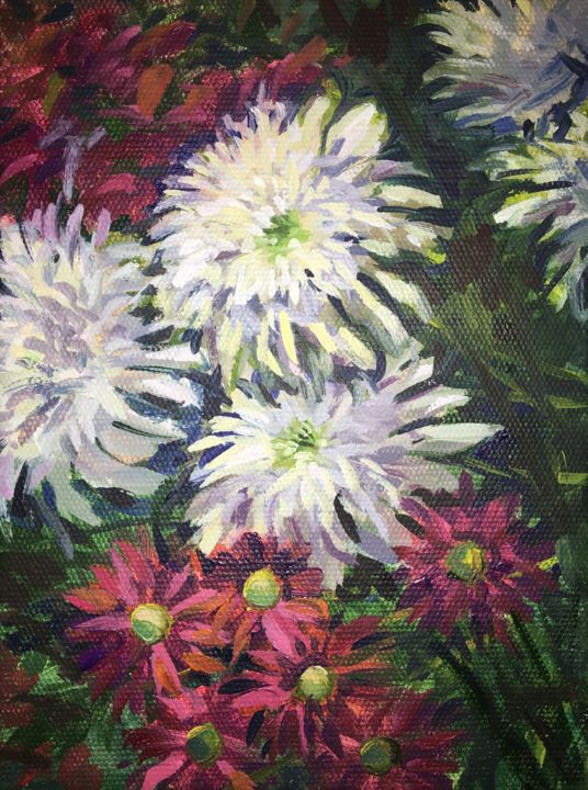Картина под названием "Цветы в букете хриз…" - Дарья Калашникова, Подлинное произведение искусства, Масло Установлен на Дере…
