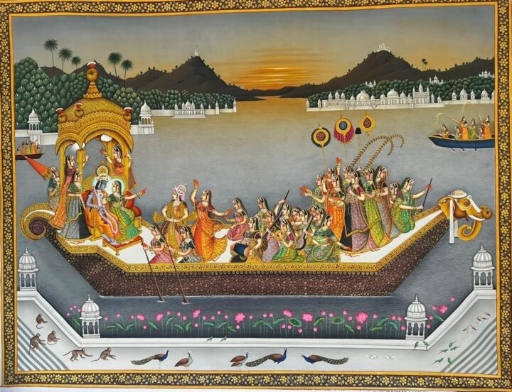 绘画 标题为“Radha krishna nav” 由Kalika Handicrafts Kalika Handicrafts, 原创艺术品, 水彩