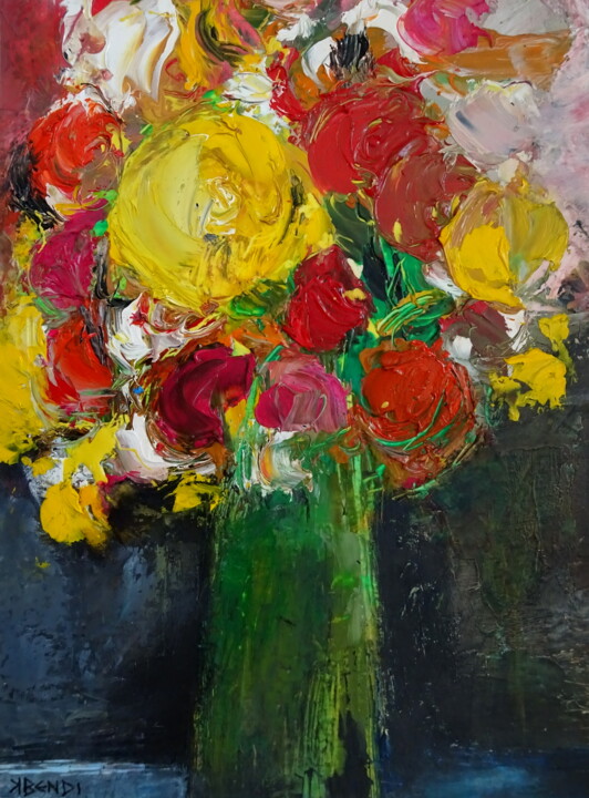 Peinture intitulée "Bouquet 4 saisons" par Kam Bendi, Œuvre d'art originale, Huile Monté sur Carton