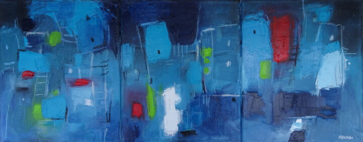 Peinture intitulée "La cité bleue (Trip…" par Kam Bendi, Œuvre d'art originale, Huile Monté sur Châssis en bois