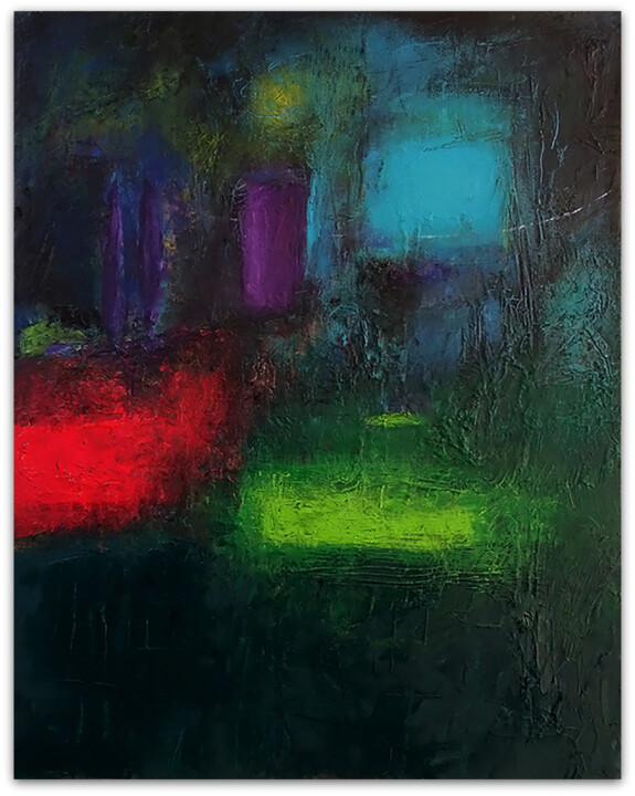 Painting titled "Une nuit fluorescen…" by Kam Bendi, Original Artwork, Oil Mounted on Cardboard
