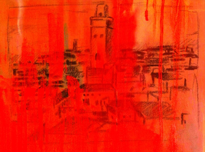Peinture intitulée "La ville rouge" par Kam Bendi, Œuvre d'art originale, Acrylique
