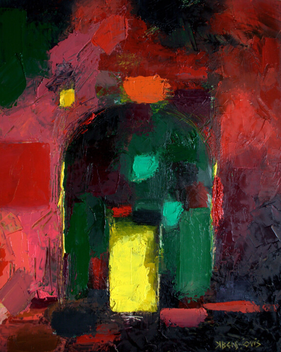 Painting titled "Porte jaune" by Kam Bendi, Original Artwork, Oil Mounted on Cardboard