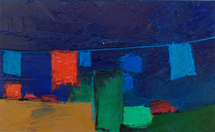 Peinture intitulée "Rouge sur fil bleu" par Kam Bendi, Œuvre d'art originale, Huile Monté sur Carton