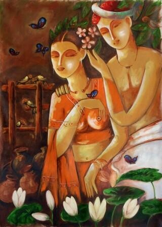 Pintura titulada "togather_oil_on_can…" por Kamal Devnatha, Obra de arte original