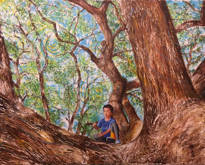 Painting titled "The boy and the tree" by Kamala Phonphibsvads, Original Artwork, Acrylic Mounted on Wood Stretcher frame