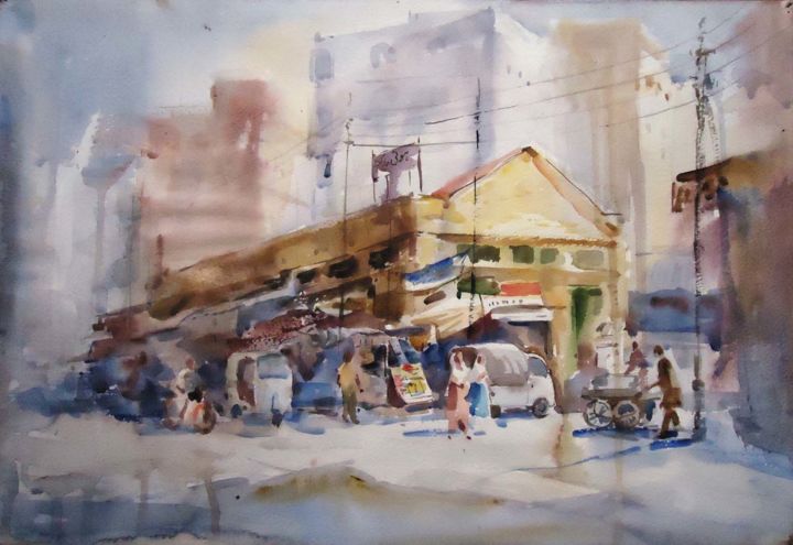 Painting titled "Hoti-market, Karach…" by Abbas Kamangar, Original Artwork, Watercolor