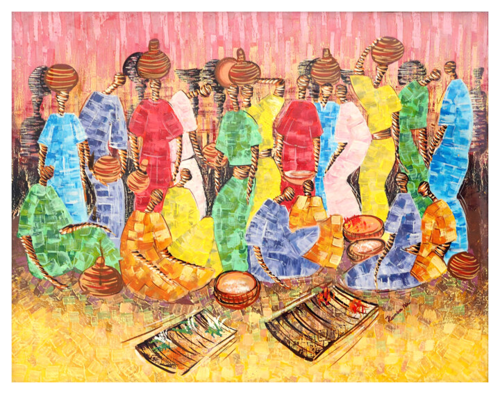 Painting titled "“Marché africain”" by Kamba Mukeke, Original Artwork, Acrylic Mounted on Wood Stretcher frame