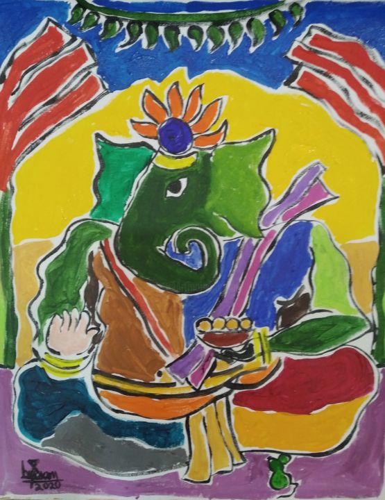 Painting titled "Seated Ganesha" by Shyam Sundar Kambam, Original Artwork, Acrylic