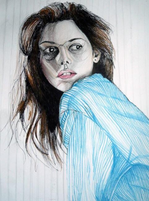 Zeichnungen mit dem Titel "woman in blue shirt" von Kamila Brzezina, Original-Kunstwerk, Andere