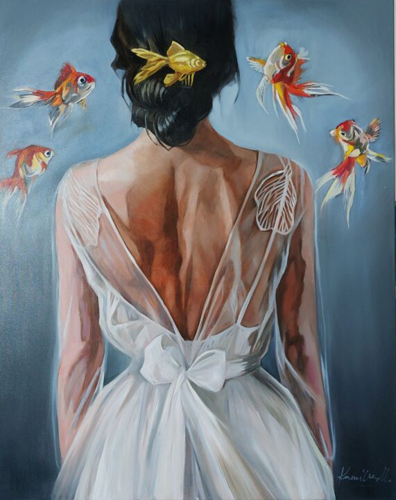 Painting titled "Looking for a goldf…" by Kamila Matkowska, Original Artwork, Oil Mounted on Wood Stretcher frame