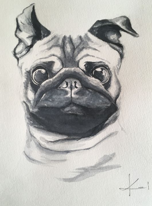 Картина под названием "buldog" - Kamil Kisiel, Подлинное произведение искусства, Акварель