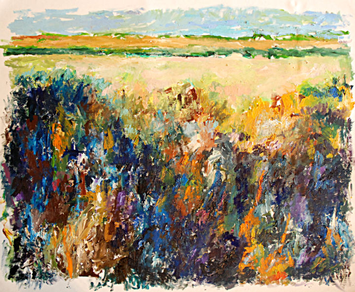 Painting titled "The field" by Kamil Kozub, Original Artwork, Oil