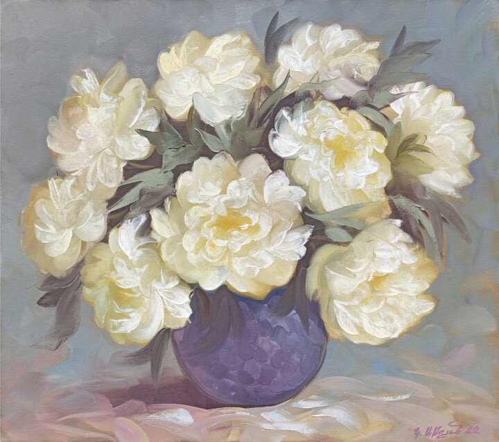Painting titled "White peonies" by Kamo Atoyan, Original Artwork, Oil Mounted on Wood Stretcher frame