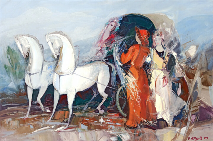 Painting titled "PRINCESS IN A CARRI…" by Kamo Atoyan, Original Artwork, Oil Mounted on Wood Stretcher frame