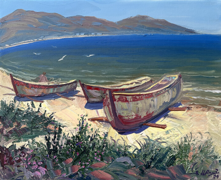 Painting titled "Boats at Rest" by Kamo Atoyan, Original Artwork, Oil Mounted on Wood Stretcher frame
