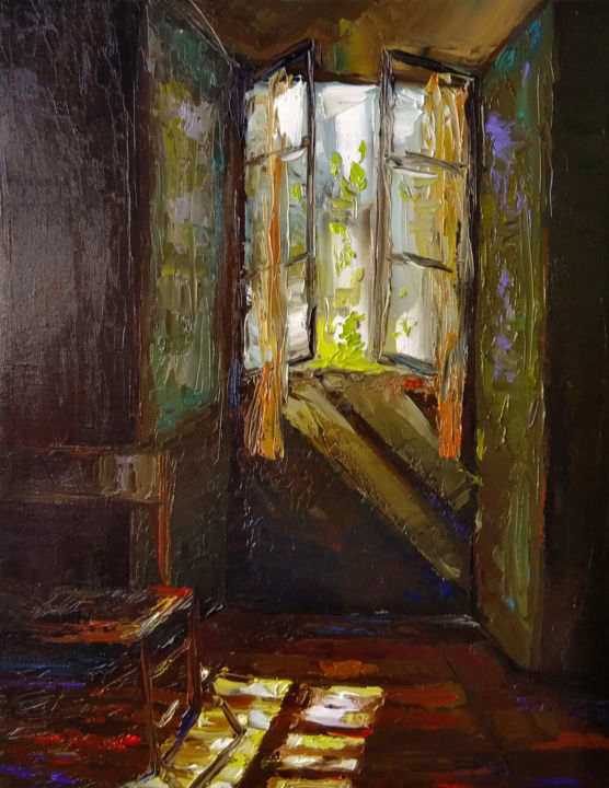 Painting titled "Open window(30x40cm…" by Kamsar Ohanyan, Original Artwork, Oil Mounted on Wood Stretcher frame