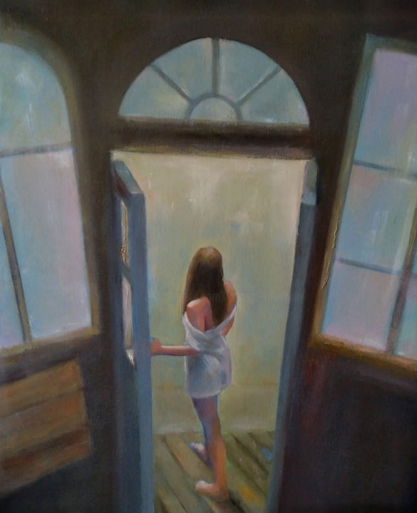 Painting titled "At the window (40x5…" by Kamsar Ohanyan, Original Artwork, Oil Mounted on Wood Stretcher frame