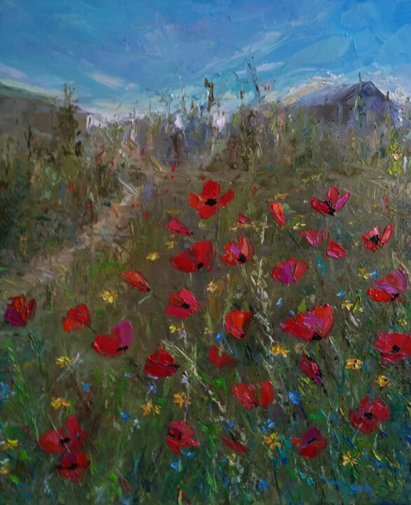 Painting titled "Field of poppies(40…" by Kamsar Ohanyan, Original Artwork, Oil Mounted on Wood Stretcher frame