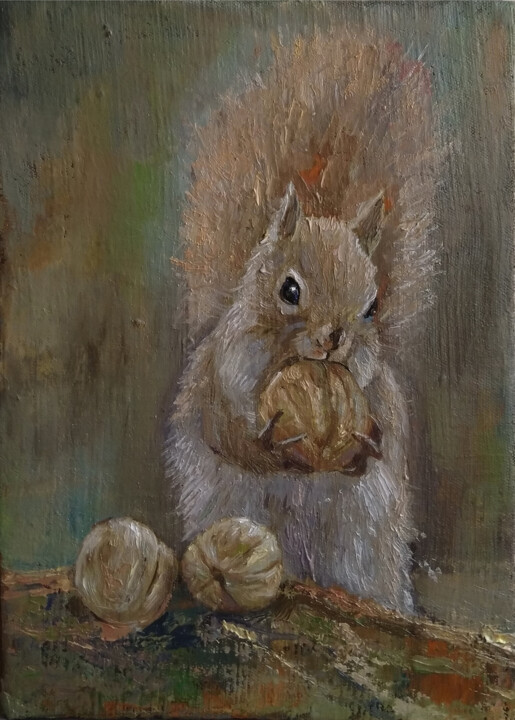 Painting titled "Squirrel(25x35cm, o…" by Kamsar Ohanyan, Original Artwork, Oil Mounted on Wood Stretcher frame
