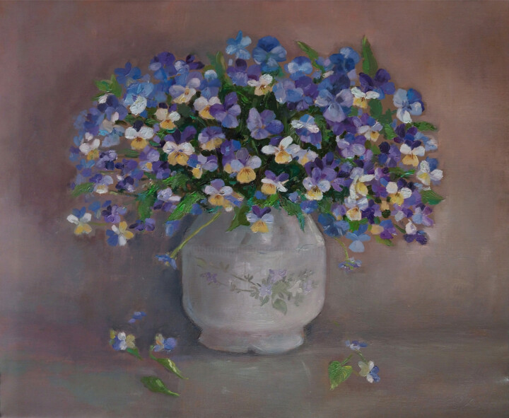 Painting titled "Purple flowers" by Kamsar Ohanyan, Original Artwork, Oil Mounted on Wood Stretcher frame