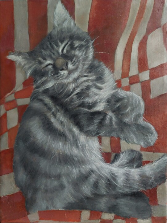 Painting titled "PEACEFUL PURR" by Kamsar Ohanyan, Original Artwork, Oil Mounted on Wood Stretcher frame