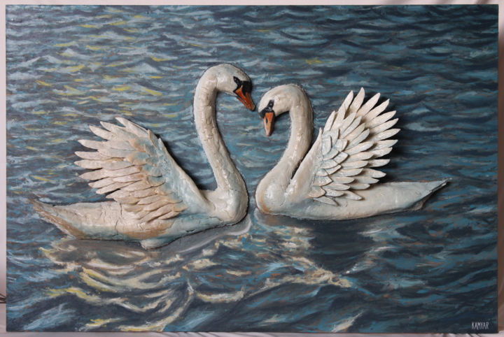 Sculpture titled "Swans" by Kamyar Tarikhi, Original Artwork, Plaster Mounted on Wood Panel