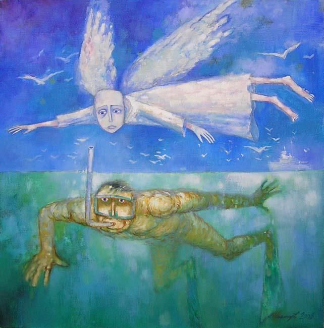Painting titled "angel and diver" by Vladimir Kanishchev, Original Artwork, Oil Mounted on Wood Stretcher frame