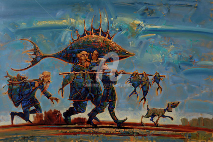 Ζωγραφική με τίτλο "Рыбный день" από Konstantin Kansky (Kanskyart), Αυθεντικά έργα τέχνης, Λάδι Τοποθετήθηκε στο Ξύλινο φορε…