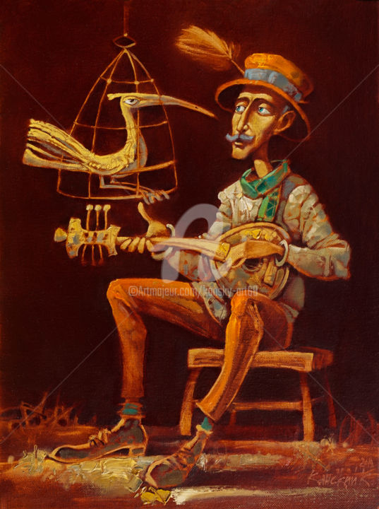 Schilderij getiteld "Musician" door Konstantin Kansky (Kanskyart), Origineel Kunstwerk, Olie Gemonteerd op Frame voor houten…