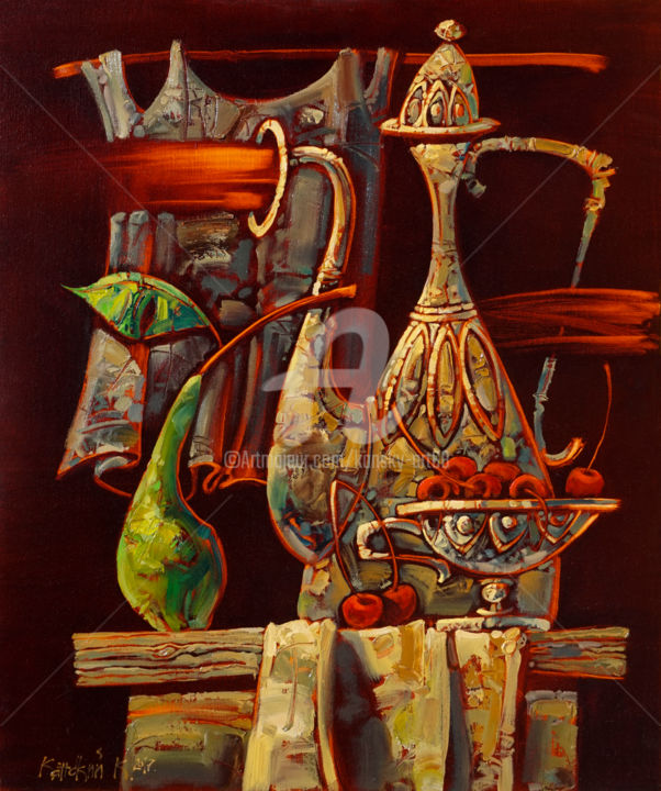Painting titled "Груша, вишни и кувш…" by Konstantin Kansky (Kanskyart), Original Artwork, Oil Mounted on Wood Stretcher fra…
