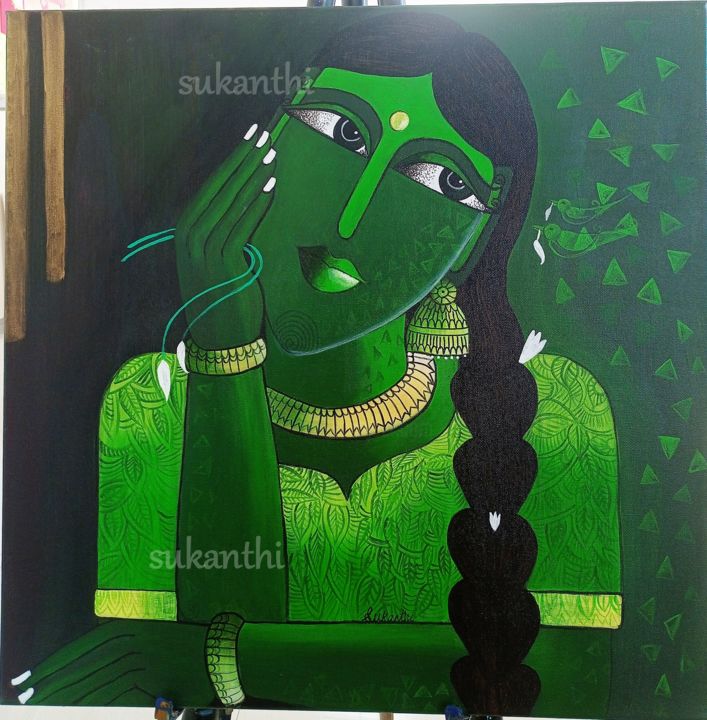 Painting titled "Day dreaming" by Sukanthi Kp, Original Art, Acrylic Mounted on Stretcher frame