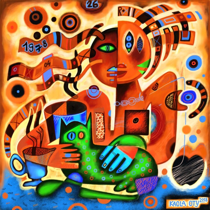 Digital Arts titled "Woman with green cat" by Kaola Oty, Original Artwork, Digital Painting