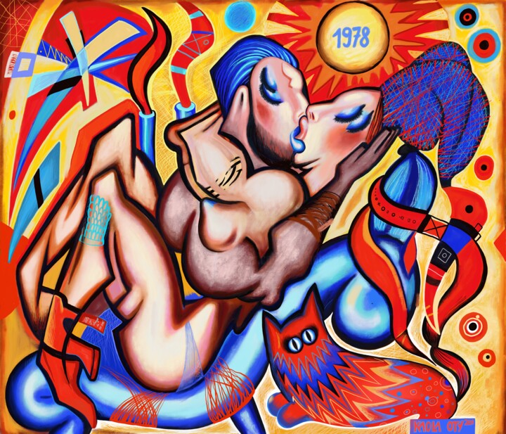 Malerei mit dem Titel "Kissing under the F…" von Kaola Oty, Original-Kunstwerk