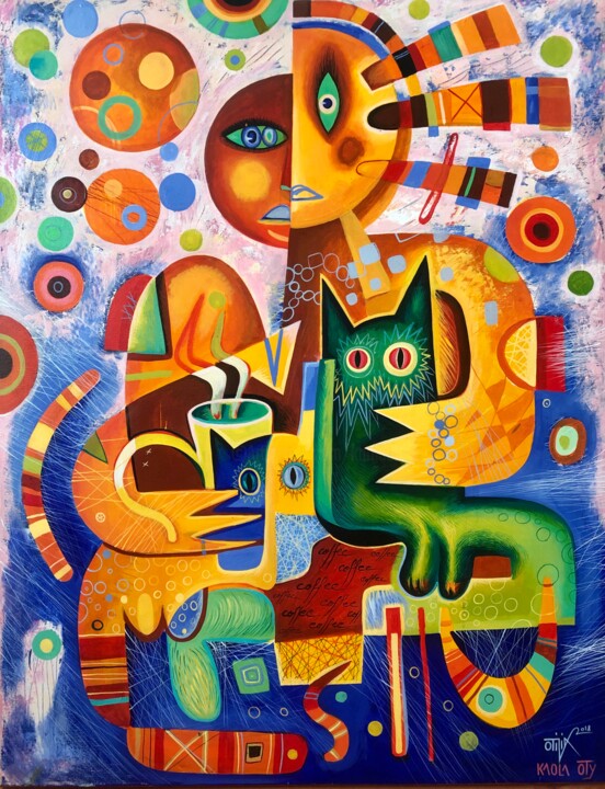 Painting titled "Coffee and cats" by Kaola Oty, Original Artwork, Acrylic