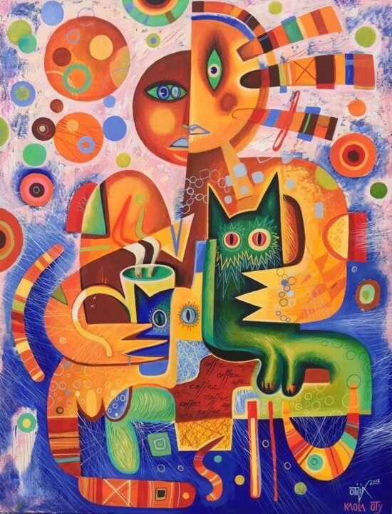Painting titled "Woman Coffee Cats" by Kaola Oty, Original Artwork, Acrylic