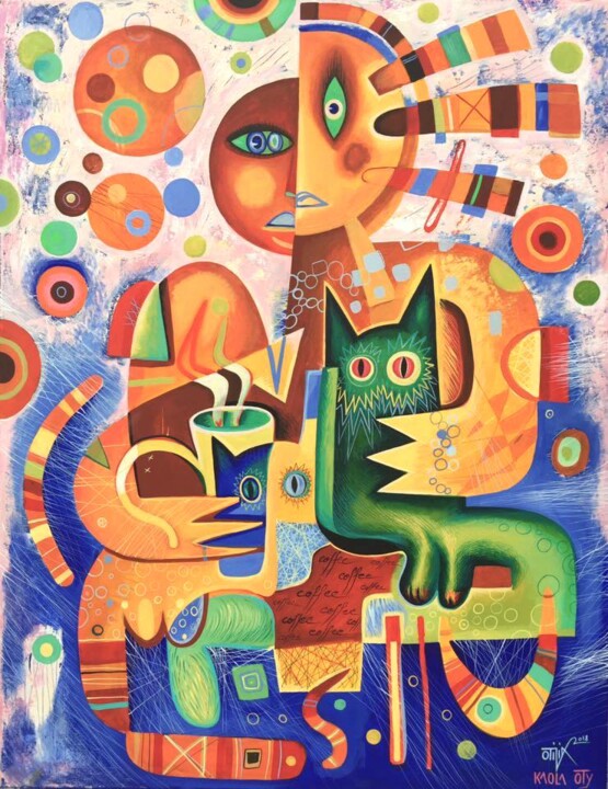 Pintura titulada ""COFFEECATS"" por Kaola Oty, Obra de arte original, Acrílico