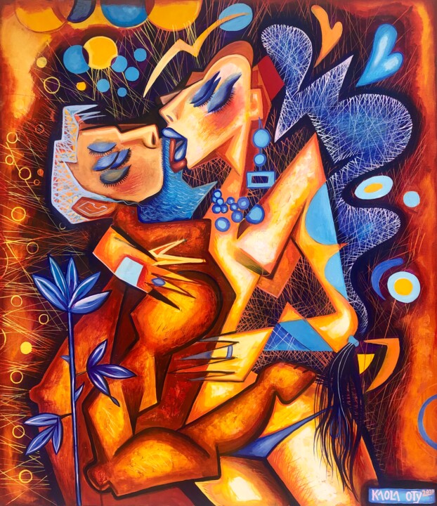 Painting titled "Lovers kissing in a…" by Kaola Oty, Original Artwork, Acrylic